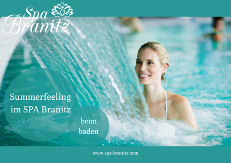 Werbegrafik für das Spa Branitz mit Person im Pool im Hintergrund und Text: 
